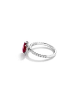 Oval Cut Red Ruby Gemstone and 0.60 Carat TW Diamond Halo Ring in 14kt White Gold