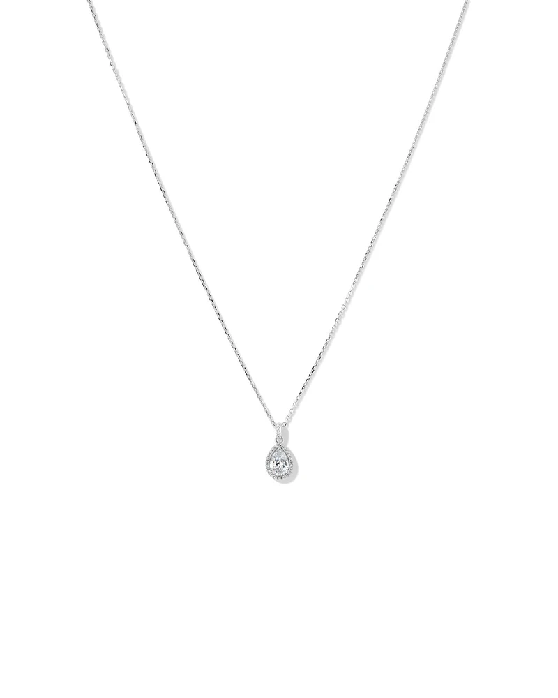 Pear Cubic Zirconia Halo Pendant Necklace in Sterling Silver