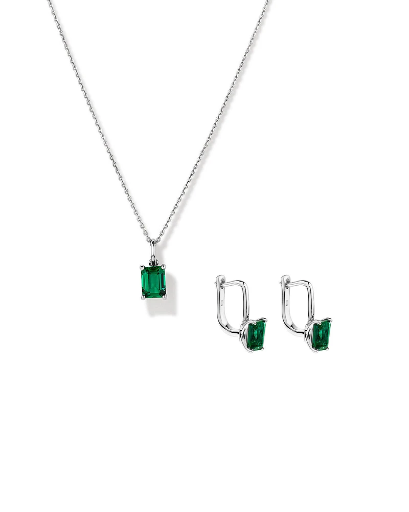 Emerald Cut Created Emerald Pendant and Drop Earring Set in Sterling Silver