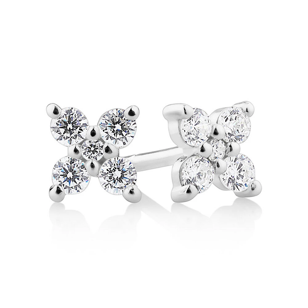 Floral Stud Earrings with Cubic Zirconia in Sterling Silver