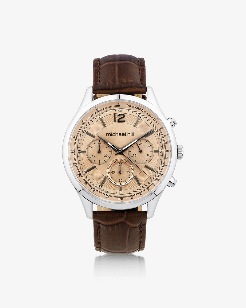 Men's Chronograph Watch in Stainless Steel & Brown Leather