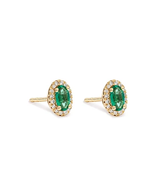 Oval Cut Green Emerald Gemstone and 0.09 Carat TW Diamond Halo Stud Earrings in 10kt Yellow Gold