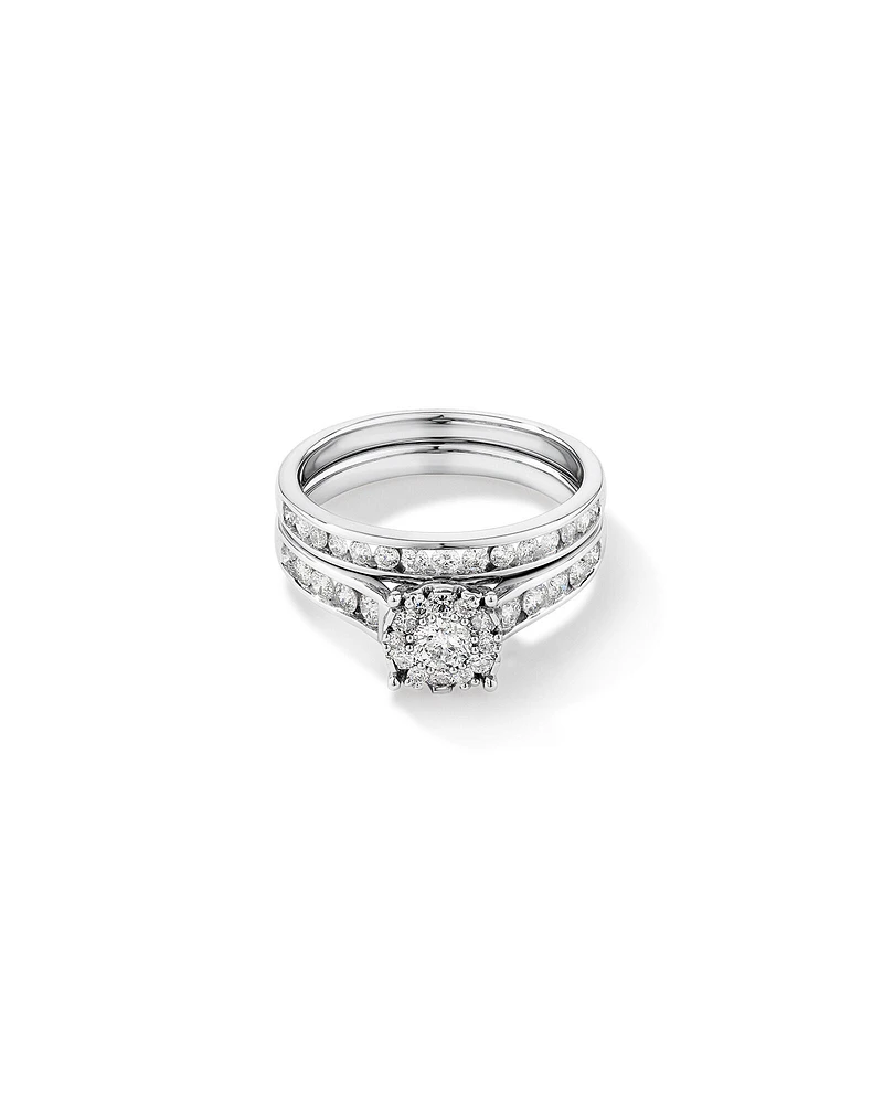 1.00 Carat TW Round Diamond Cluster Engagement Ring and Channel Set Wedding Band Bridal Set in 14kt White Gold