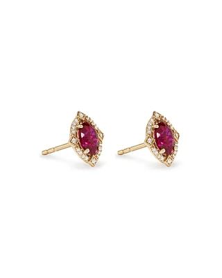 Oval Cut Created Ruby and Diamond Halo Stud Earrings in 10kt Yellow Gold