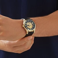 Michael Hill Automatic Skeleton Watch In Gold Tone Stainless Steel And Leather