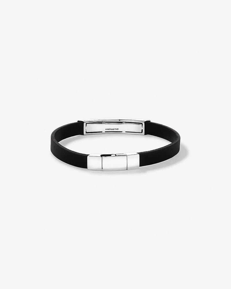 Bracelet Homme en Cuir & Argent 21cm avec 0,40 Carat TW de Diamants Noirs