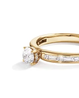 0.77 Carat TW Round Brilliant Diamond and Baguette, Princess Side Accent Engagement Ring with Hidden Halo in 14kt Yellow Gold