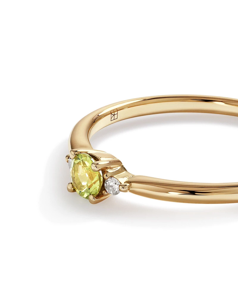 3 Stone Ring with Peridot & Diamonds in 10kt Yellow Gold