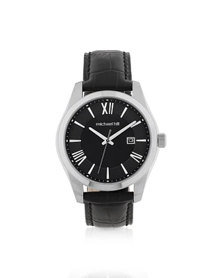 Men's Watch in Stainless Steel & Black Leather