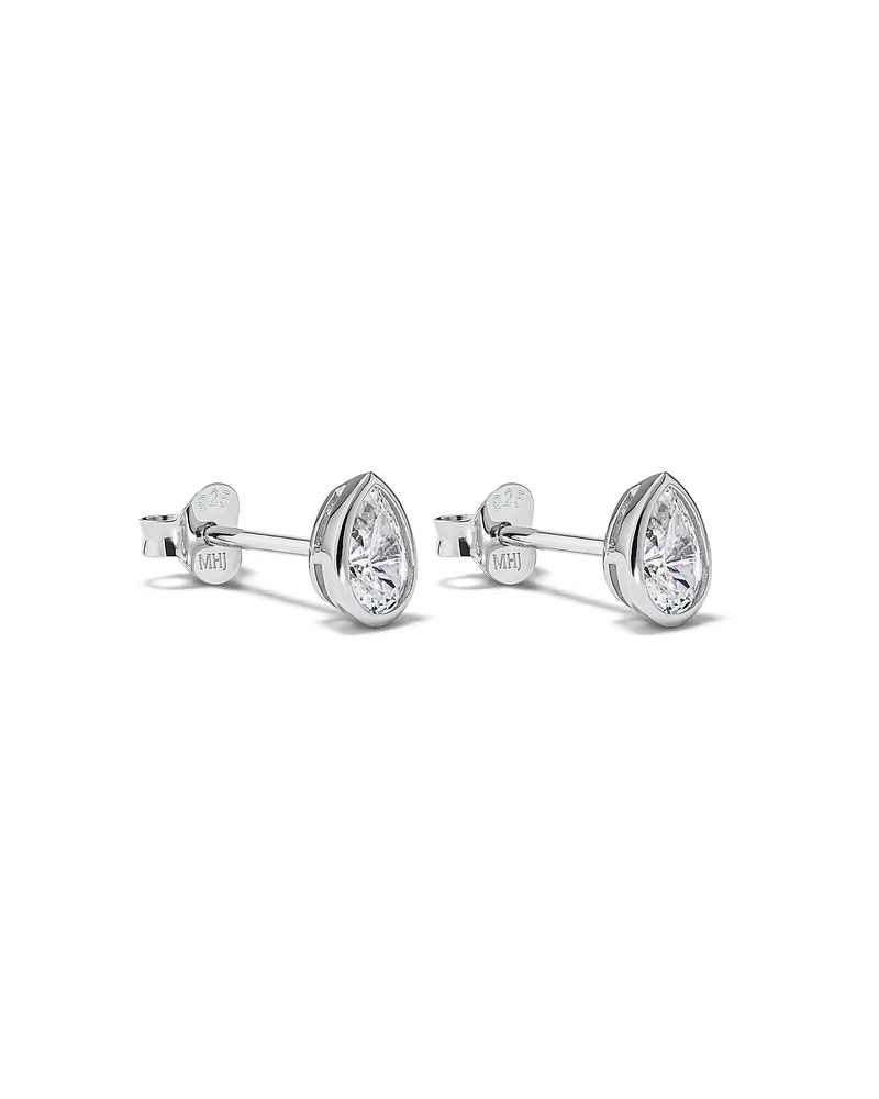 Pear Shaped Cubic Zirconia Bezel Set Stud Earrings in Sterling Silver