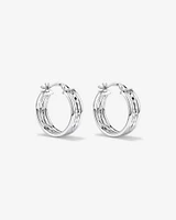 Four Row Diamond Cut and Smooth Hoop Earrings in Sterling Silver