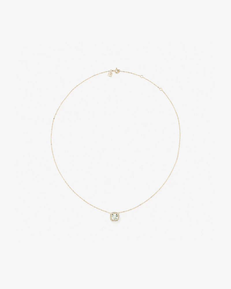 Cushion Cut Green Amethyst Gemstone and 0.15 Carat TW Diamond Halo Pendant Necklace in 10kt Yellow Gold