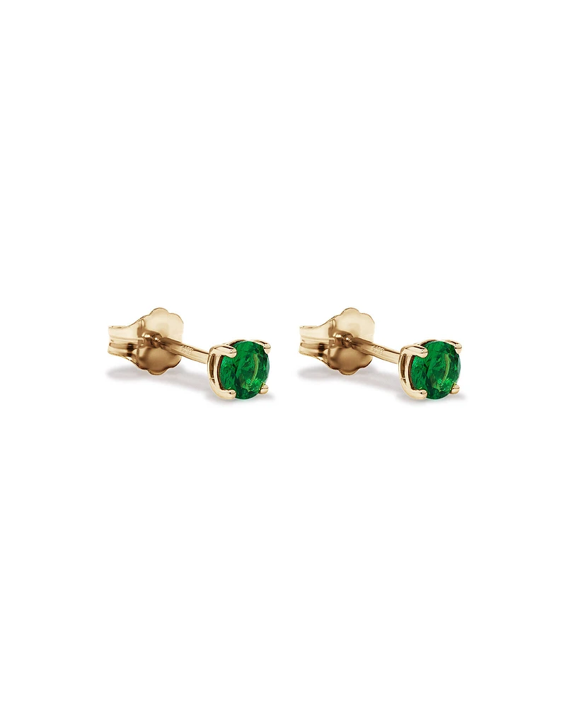 Round Green Created Emerald Birthstone Stud Earrings in 10kt Yellow Gold