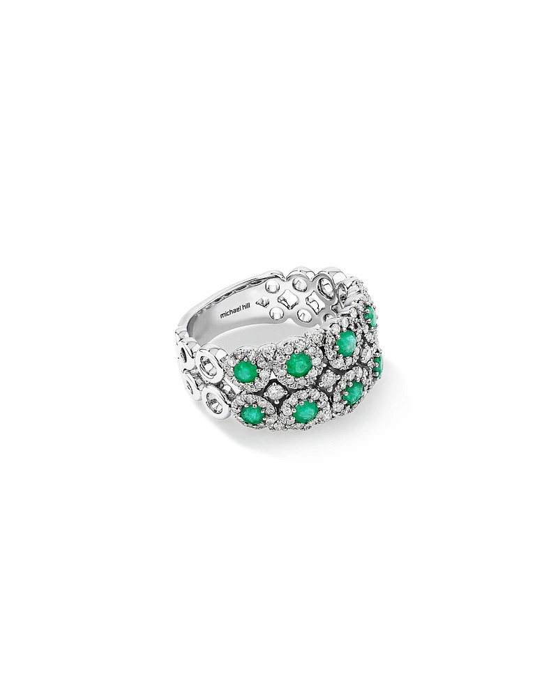 2 Row Bubble Ring with Emerald and .75 Carat TW Diamonds in 14kt White Gold