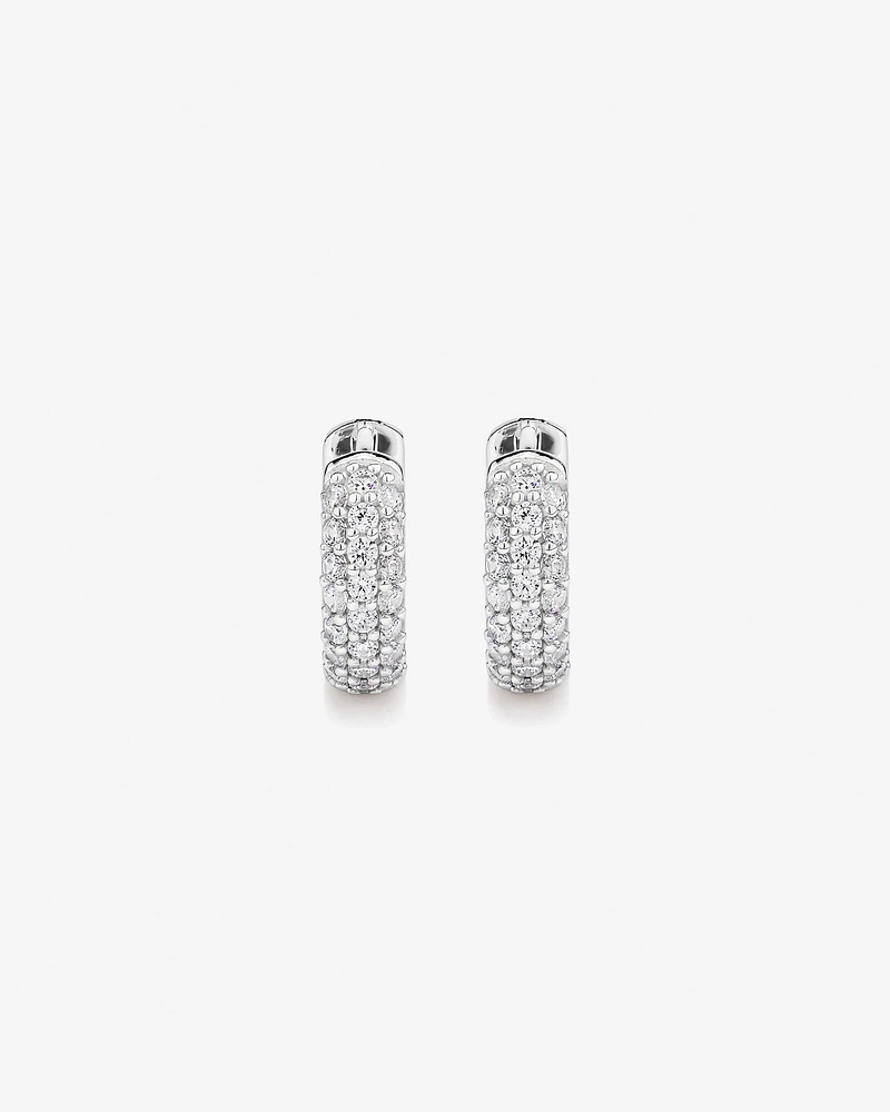 Cubic Zirconia Puff Cross Huggie Earrings in Sterling Silver