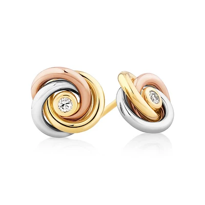 Diamond Accent Tri Tone Knot Stud Earrings in 10kt Yellow, Rose and White Gold