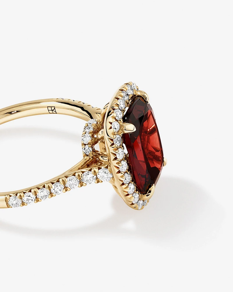 Cushion Cut Red Garnet Gemstone and Diamond Halo Ring in 10kt Yellow Gold