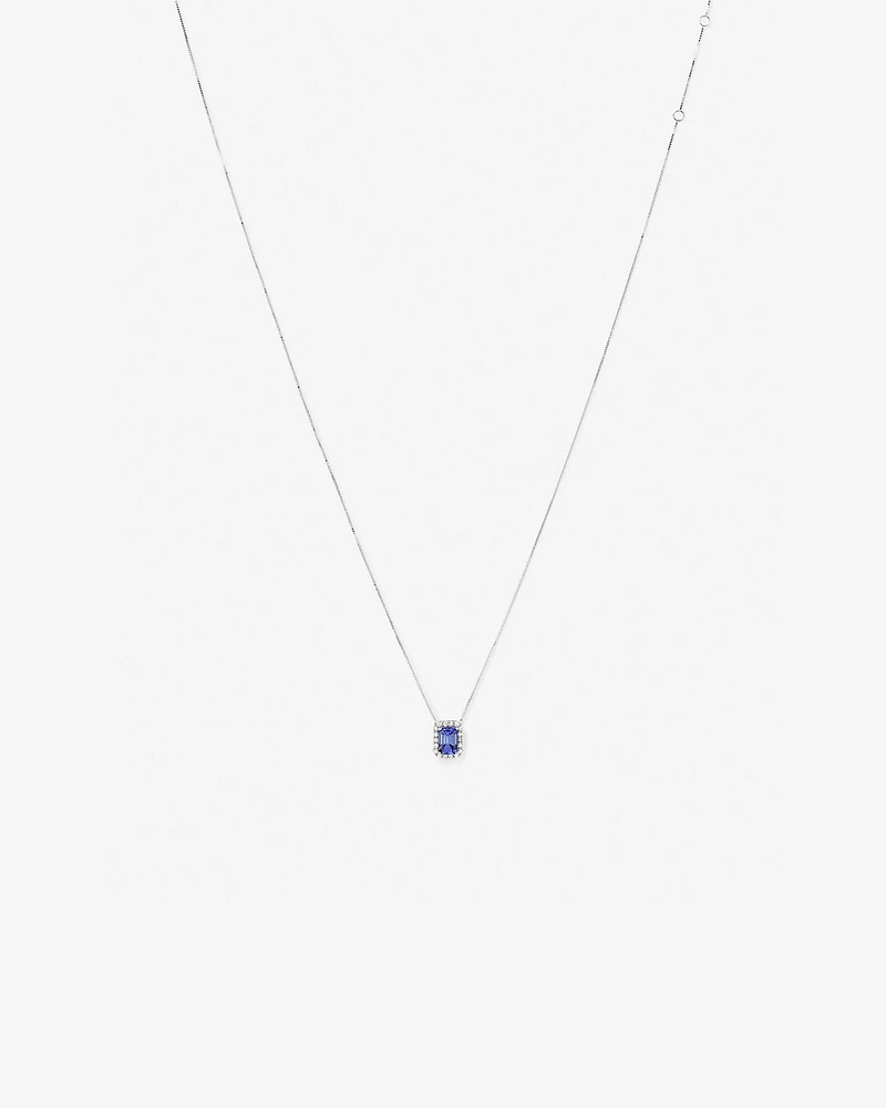 Emerald Cut Blue Tanzanite and 0.17 Carat TW Diamond Halo Pendant in 14kt White Gold