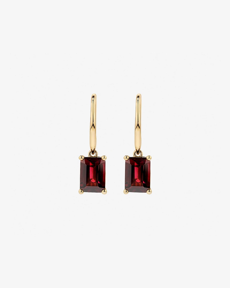 Emerald Cut Red Garnet Gemstone Drop Earrings in 10kt Yellow Gold