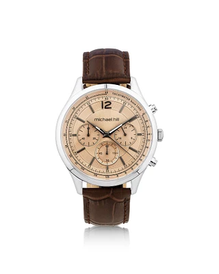 Montre chronographe en acier inoxydable et en cuir brun pour homme