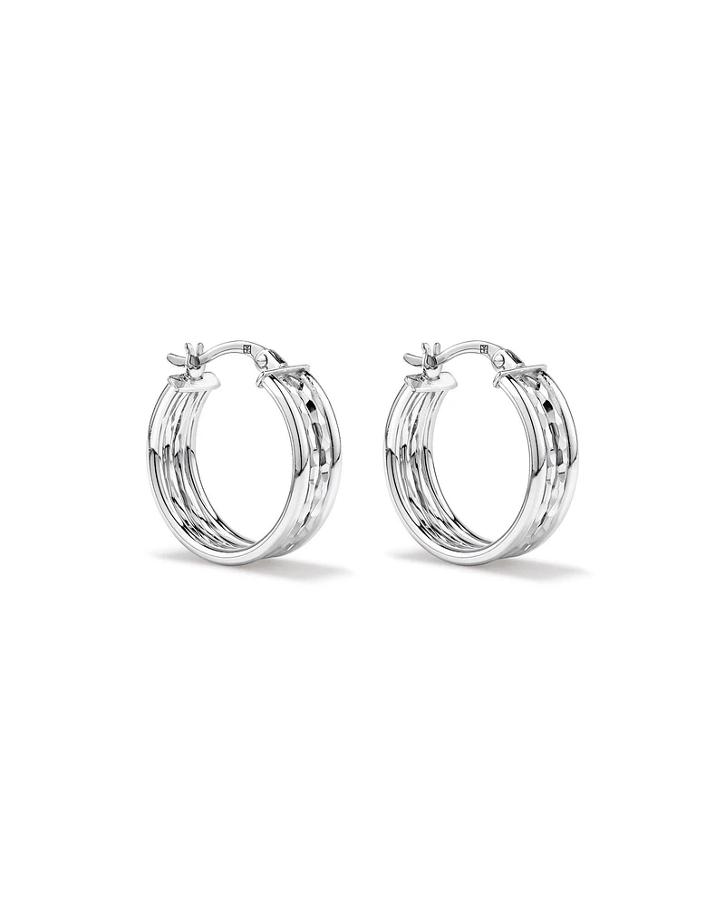 Four Row Diamond Cut and Smooth Hoop Earrings in Sterling Silver