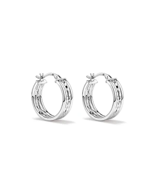 Four Row Diamond Cut and Smooth Hoop Earrings in Sterling Silver