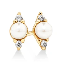 Three Stone Cultured Freshwater Pearl and Diamond Stud Earrings in 10kt Yellow Gold