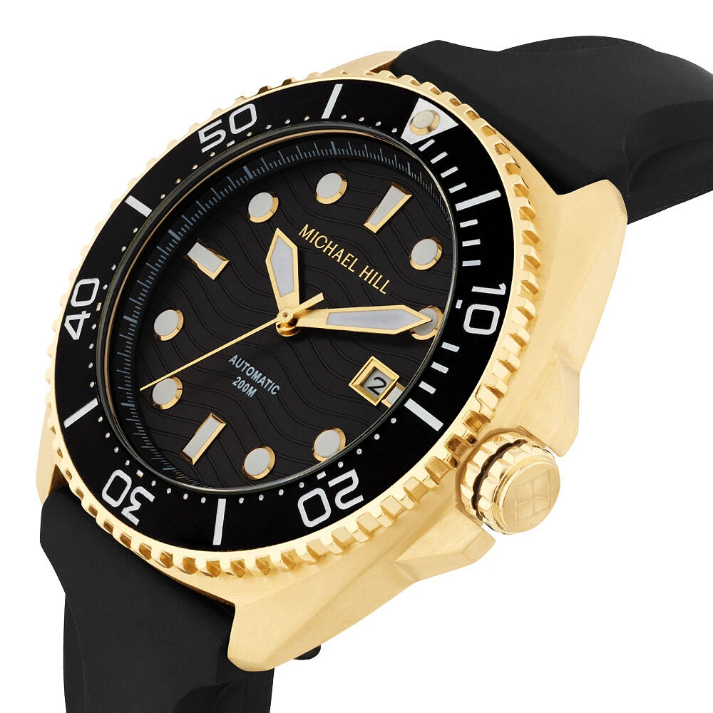 Men's Automatic Watch in Yellow Gold Tone Stainless Steel with Black Dial and Silicone Strap