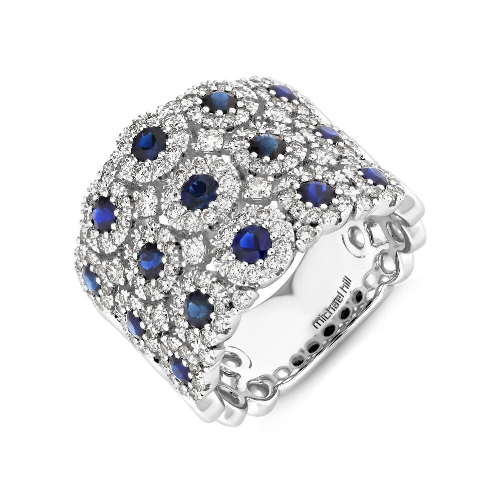 3 Row Bubble Ring with Sapphire and 1.12 Carat TW Diamonds in 14kt White Gold