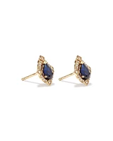 Pear Cut Created Sapphire and Diamond Halo Stud Earrings in 10kt Yellow Gold