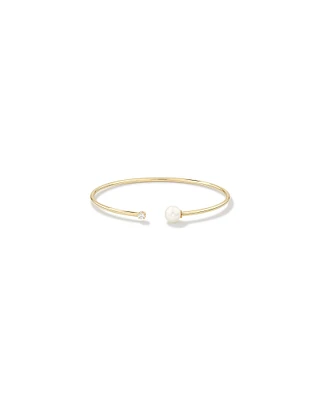 Cultured Freshwater Pearl and Diamond Torque Bangle in 10kt Yellow Gold