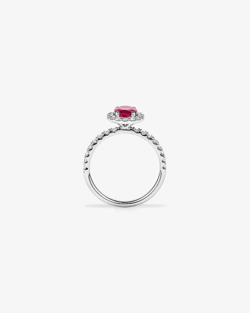 Oval Cut Red Ruby Gemstone and 0.60 Carat TW Diamond Halo Ring in 14kt White Gold