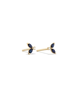 Round Diamond and Marquise Blue Sapphire Gemstone Stud Earrings in 10kt Yellow Gold