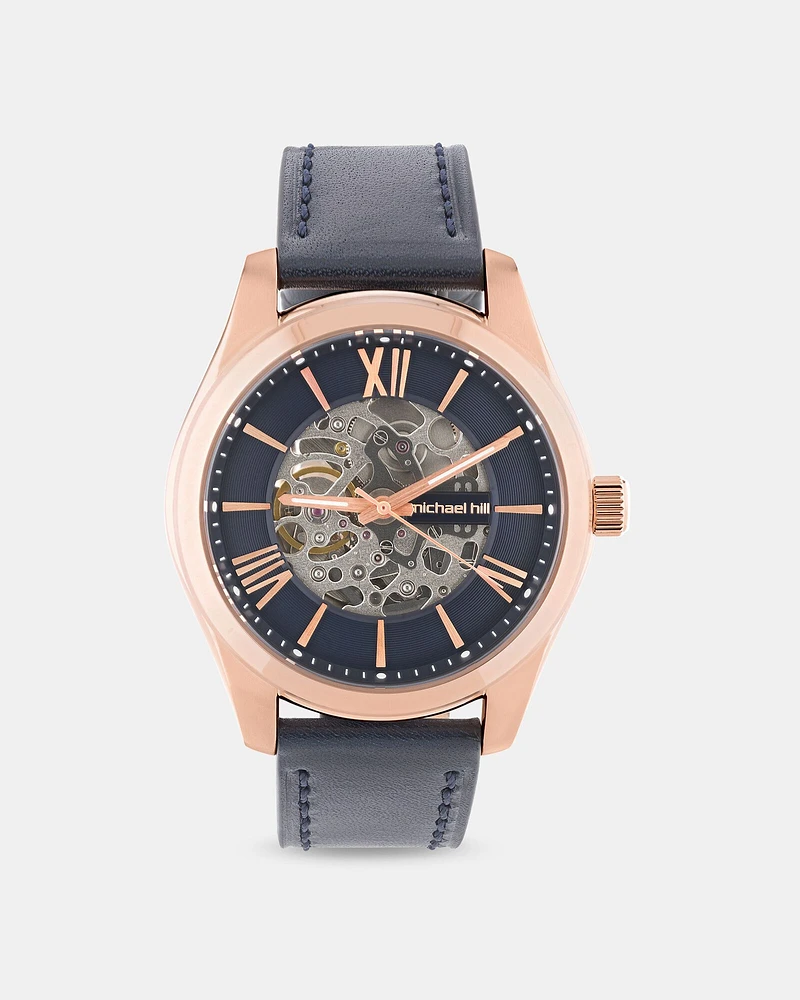 Michael Hill Automatic Skeleton Watch In Gold Tone Stainless Steel And Leather