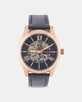 Michael Hill Automatic Skeleton Watch In Gold Tone Stainless Steel And Leather