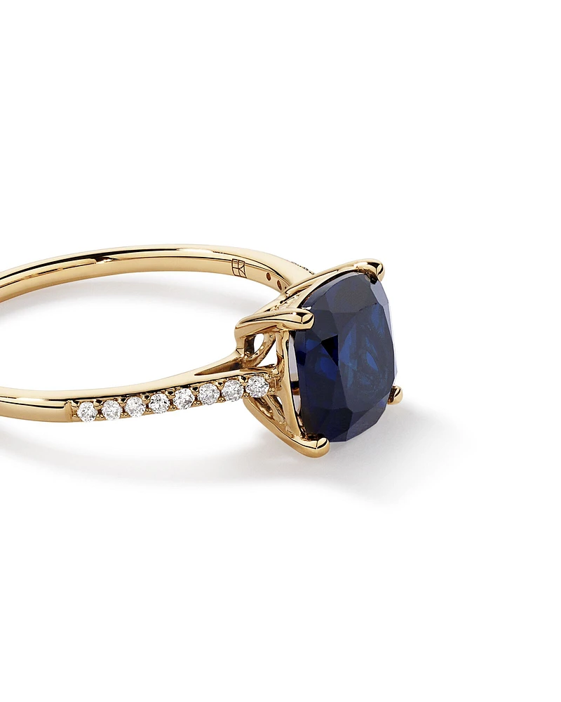 Cushion Cut Blue Created Sapphire Gemstone and Diamond Ring in 10kt Yellow Gold