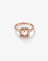 Emerald Cut Pink Morganite Gemstone and 0.75 Carat TW Diamond Halo Ring in 14kt Rose Gold