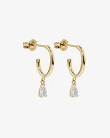 Boucles d'Oreilles Créoles Clous avec Breloque Poire en Zircon Cubique en Or Jaune 10 kt