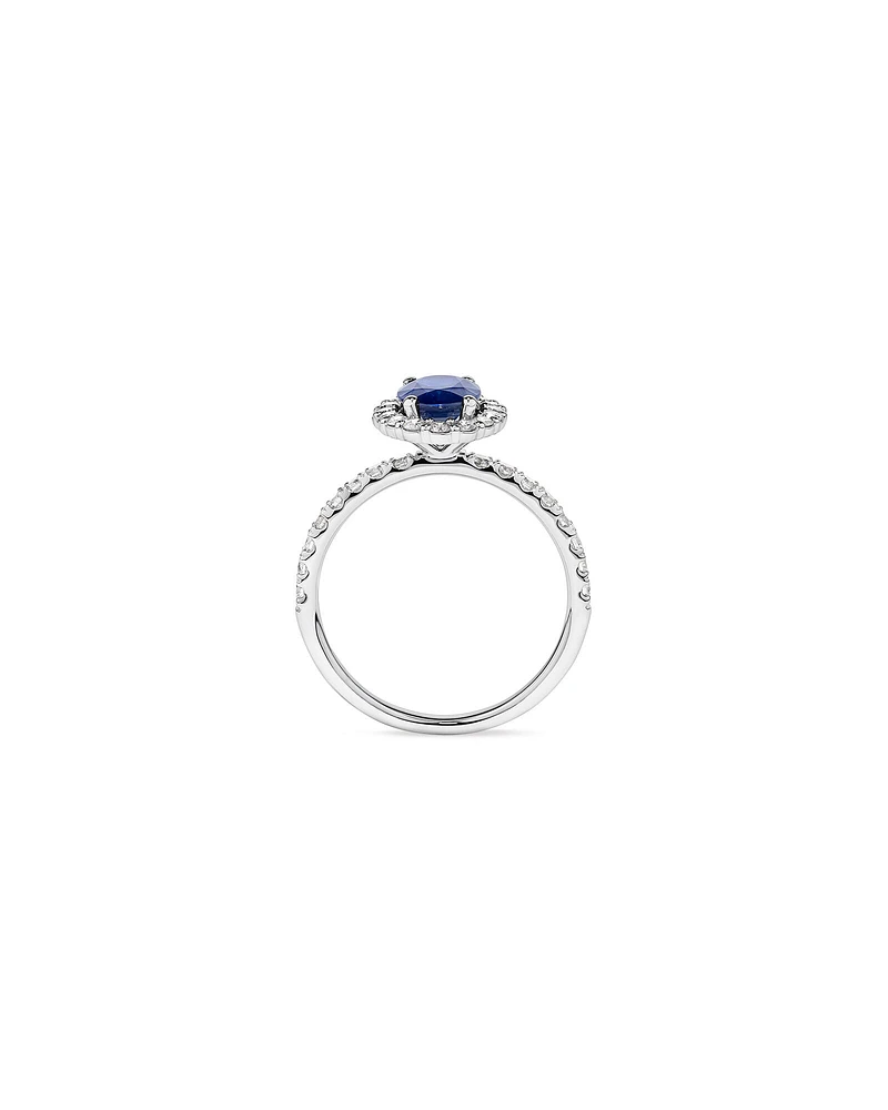 Bague Halo en Pierre Précieuse Saphir Bleu Taille Ovale et 0,60 Carat TW Diamant en Or Blanc 14 kt