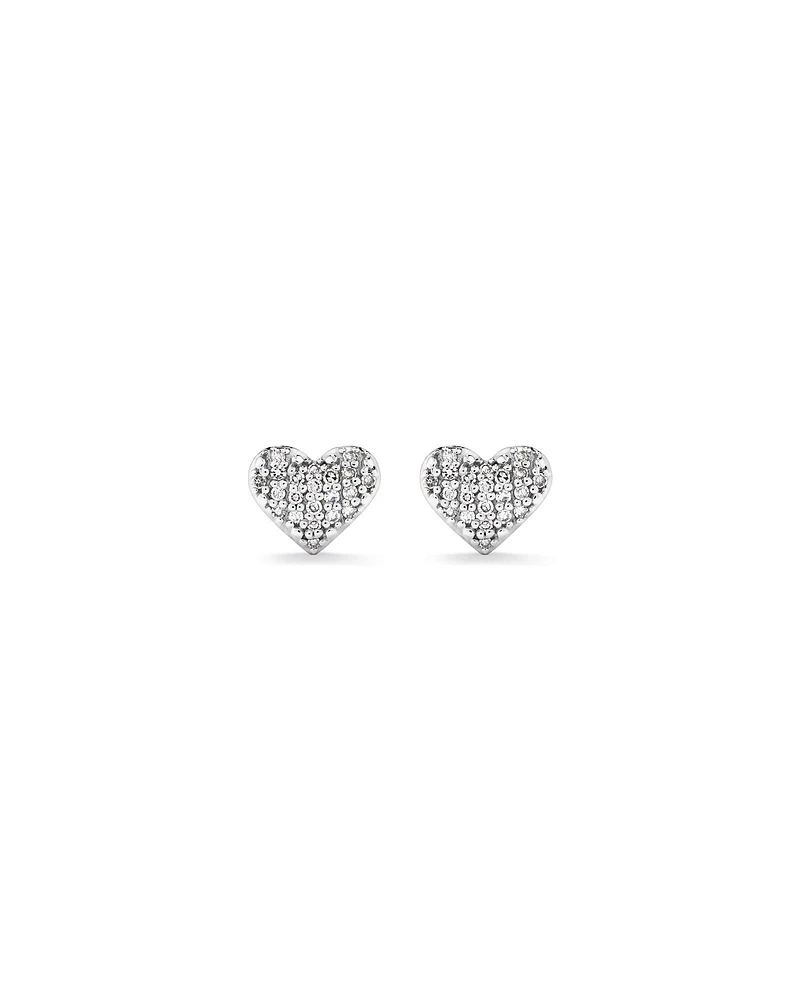 Fine Pave Diamond Heart Stud Earrings in Sterling Silver