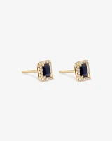 Emerald Cut Blue Sapphire Gemstone and 0.10 Carat TW Diamond Halo Stud Earrings in 10kt Yellow Gold