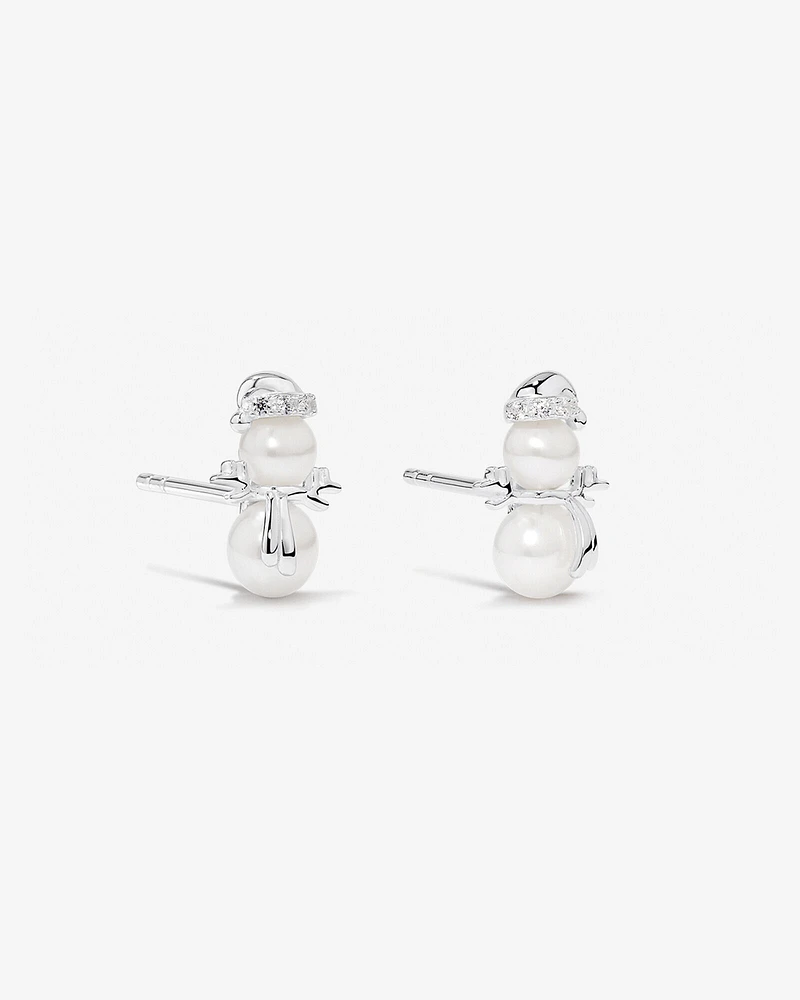 Pearl and Cubic Zirconia Snowman Stud Earrings in Sterling Silver