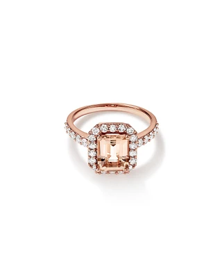 Emerald Cut Pink Morganite Gemstone and 0.75 Carat TW Diamond Halo Ring in 14kt Rose Gold