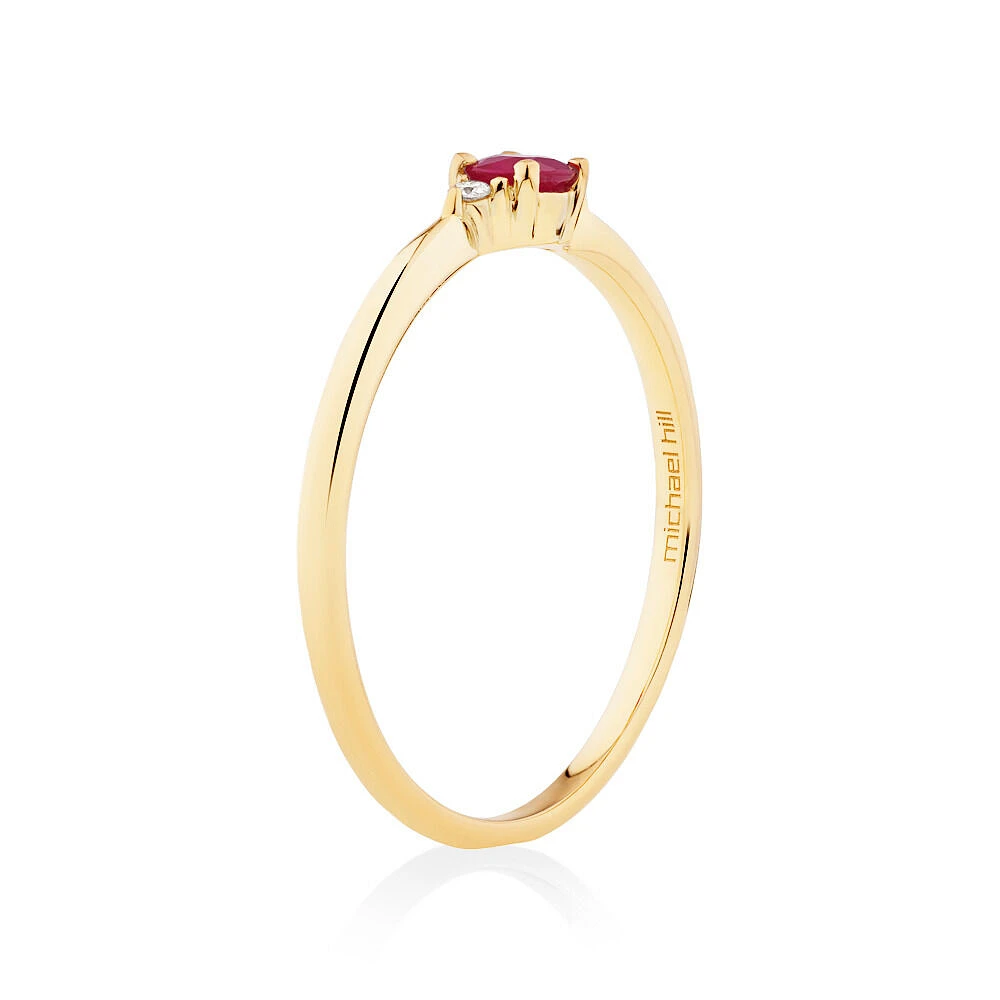 3 Stone Ring with Ruby & Diamonds 10kt Yellow Gold