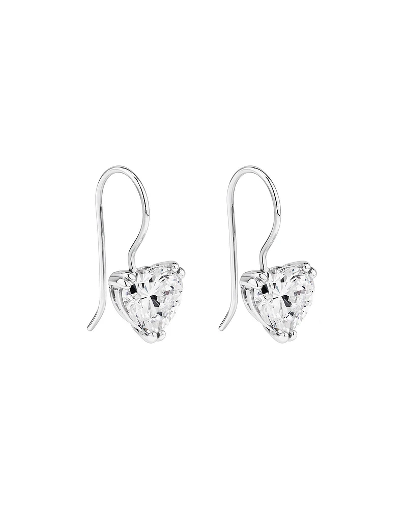 Love Heart Shaped Cubic Zirconia Drop Shepherds Hook Earrings in Sterling Silver