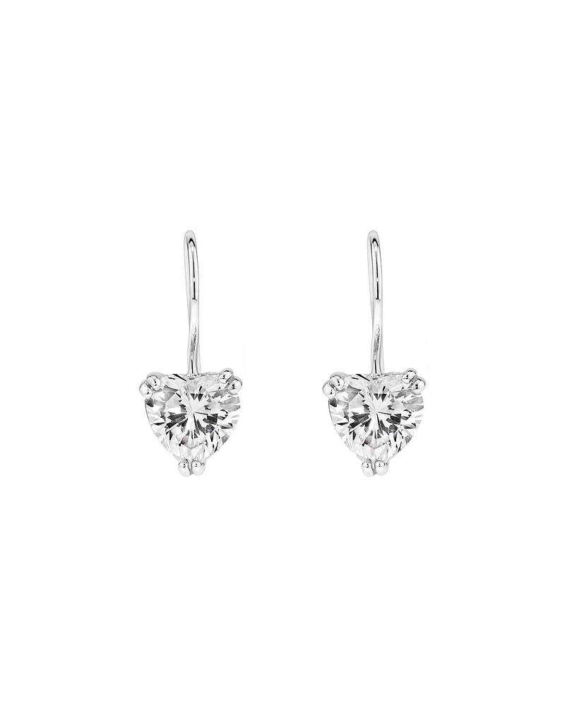 Love Heart Shaped Cubic Zirconia Drop Shepherds Hook Earrings in Sterling Silver