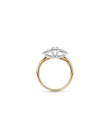 0.69 Carat TW Three Stone Emerald and Pear Cut Diamond Halo Engagement Ring in 14kt Yellow and White Gold