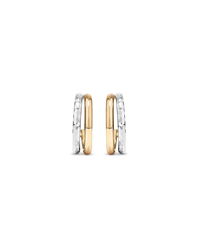 Two-Tone Double Half Hoop Hammered Finish Stud Earrings in 10kt White and Yellow Gold