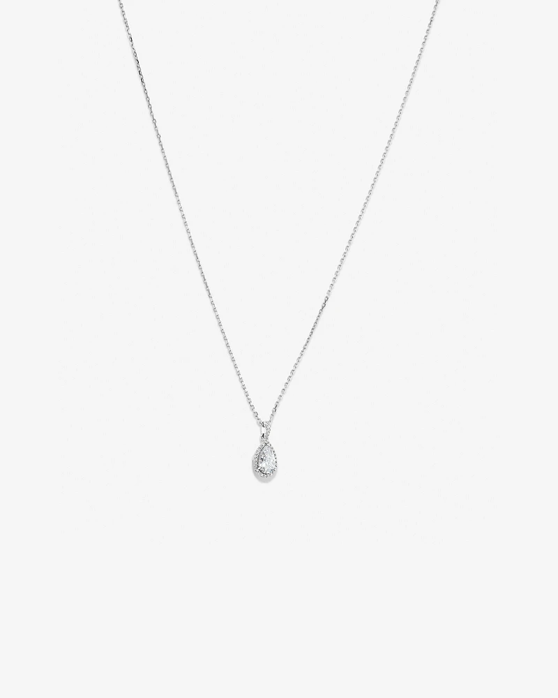 Pear Cubic Zirconia Halo Pendant Necklace in Sterling Silver