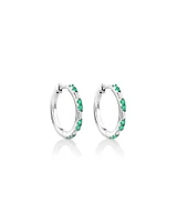 Emerald & Diamond Dot Dash Hoop Earrings with 0.14 Carat TW in 10kt White Gold